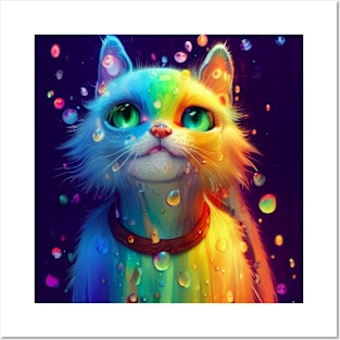 Rainbow cat in the rain Posters and Art